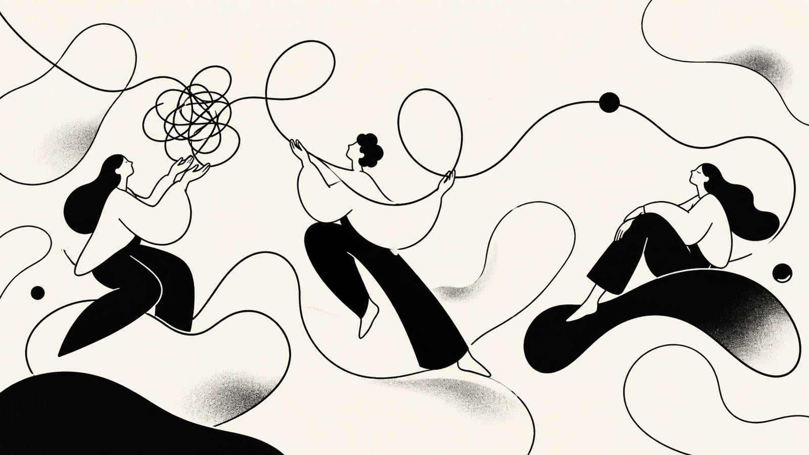Illustration of people untangling a knot of worries into one smooth, flowing line