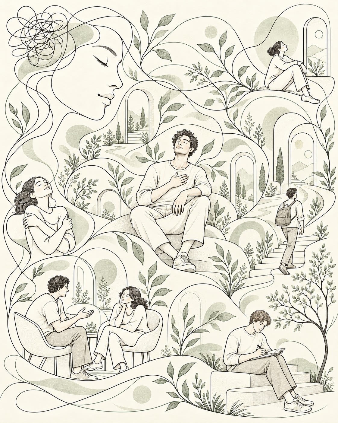 Line-art illustration of people finding calm and connection among leaves, arches and winding paths