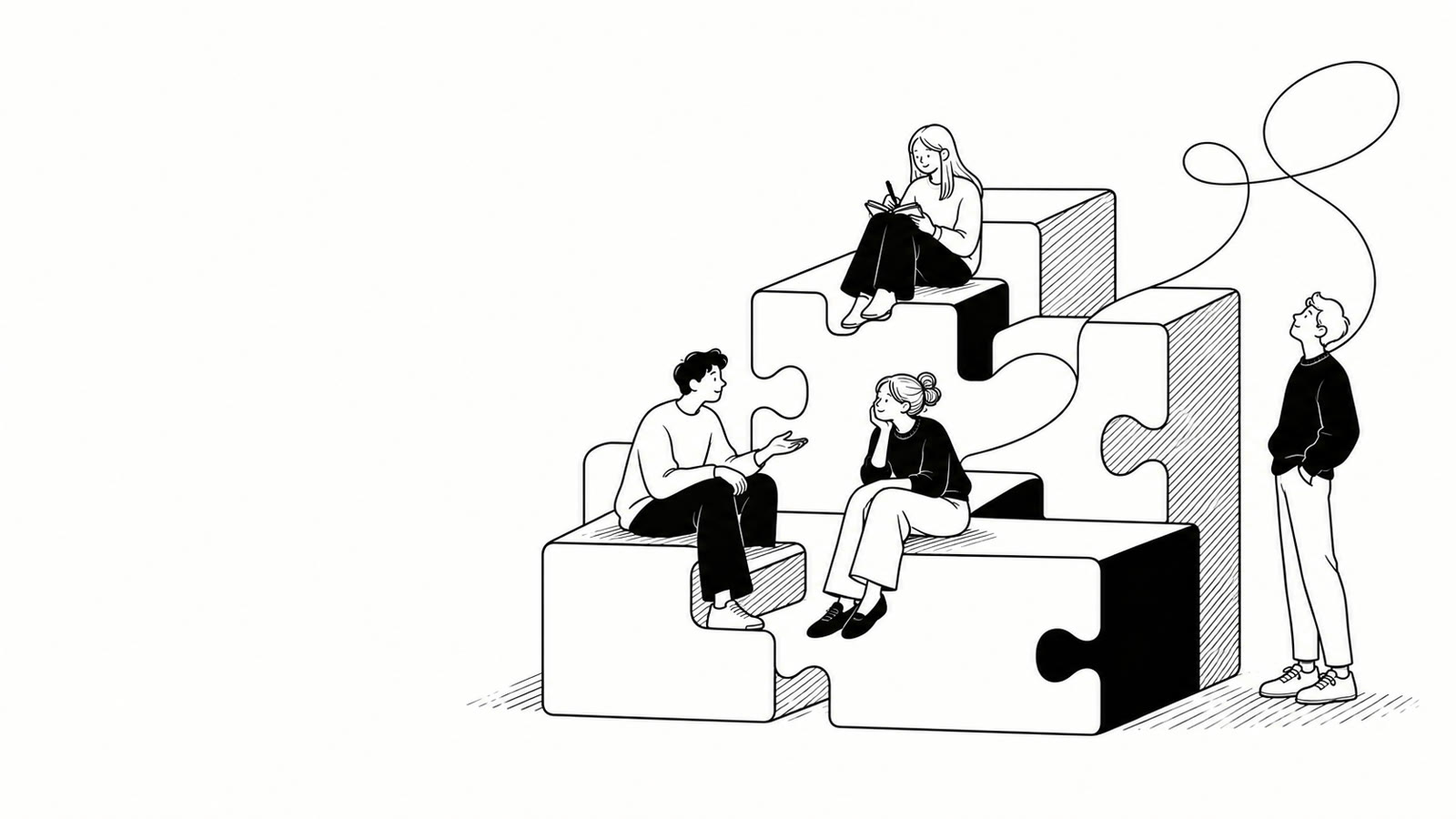 Illustration of four people talking and writing on large interlocking puzzle blocks